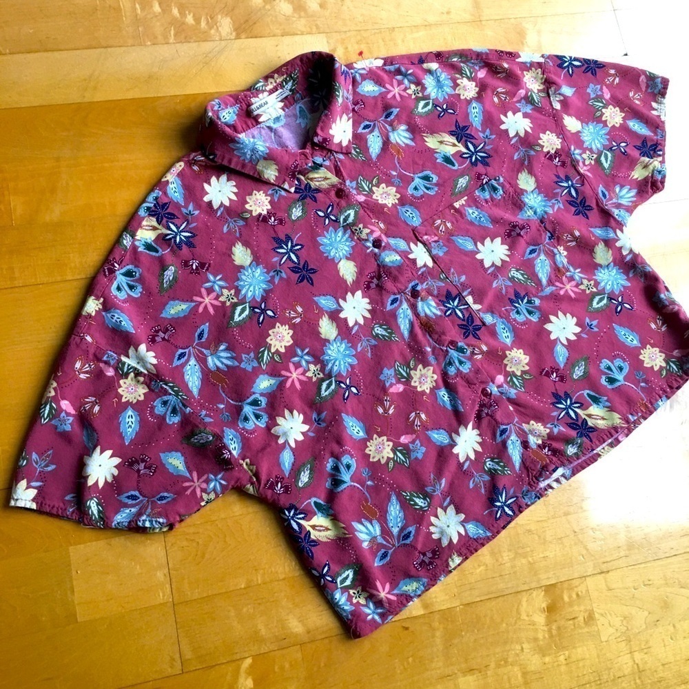 Pull & Bear Floral, Button Up Cropped Top, Rust Orange, Blue, Yellow, Size M